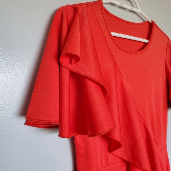 NWOT SHEIN Mulvari Ruffle Trim Butterfly Sleeve Dress - Orange Red - Size Small - Picture 3 of 12